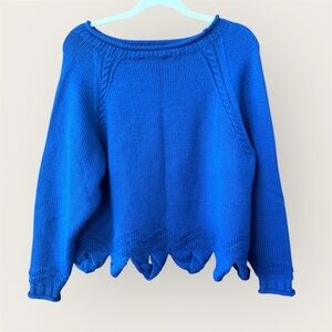 Handmade woven knit vibrant Blue Women's Sweater scallop hem